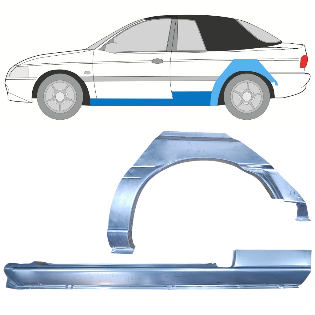 Tröskelplåt + sidovägg hjulhuskant för Ford Escort 1990-2000  CABRIO / Vänster / Set 12590