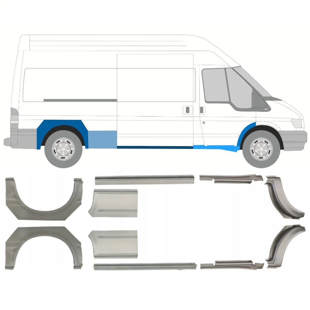 Tröskelplåt + sidovägg hjulhuskant för Ford Transit 2000-2013 / LWB / Vänster+Höger / Set 10640